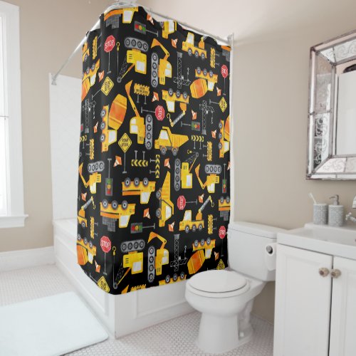 Kids Watercolor Construction Vehicles Pattern Shower Curtain