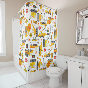 Kids Watercolor Construction Vehicles Pattern Shower Curtain