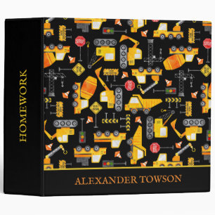Kids Watercolor Construction Vehicles Personalized 3 Ring Binder