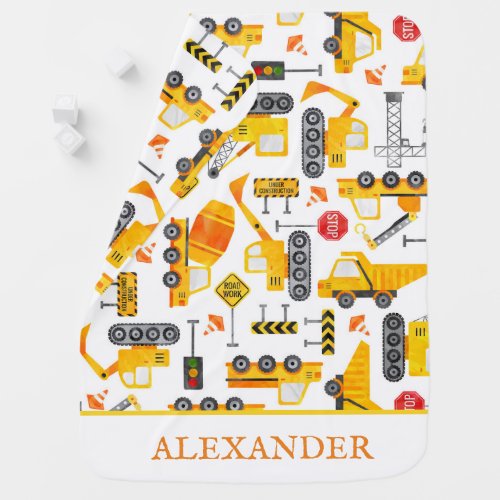 Kids Watercolor Construction Vehicles Personalized Baby Blanket