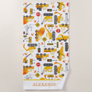 Kids Watercolor Construction Vehicles Personalized Beach Towel