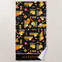 Kids Watercolor Construction Vehicles Personalized Beach Towel