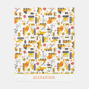 Kids Watercolor Construction Vehicles Personalized Fleece Blanket
