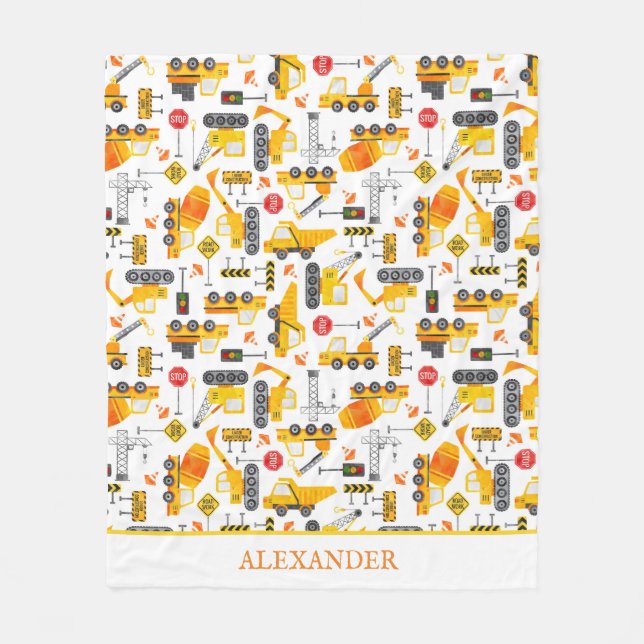 Kids Watercolor Construction Vehicles Personalized Fleece Blanket (Front)