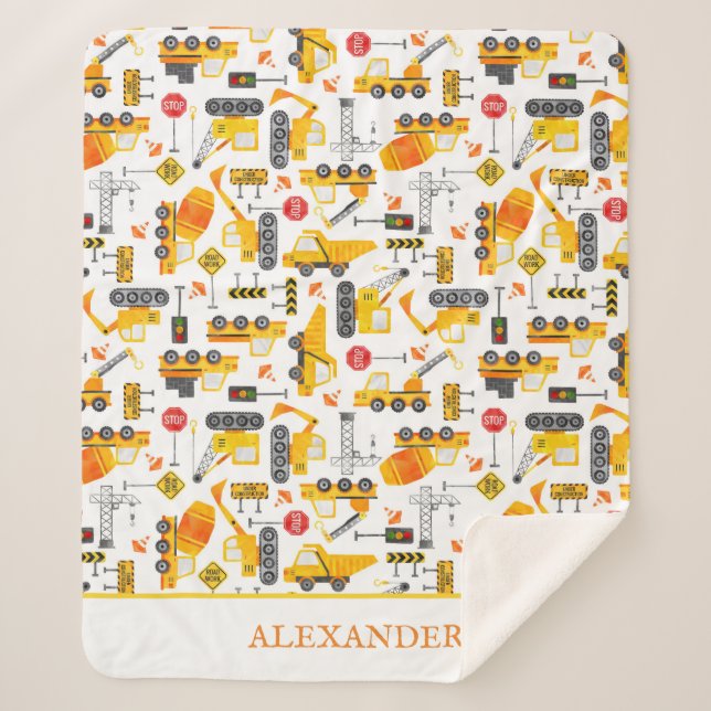 Kids Watercolor Construction Vehicles Personalized Sherpa Blanket (Front)