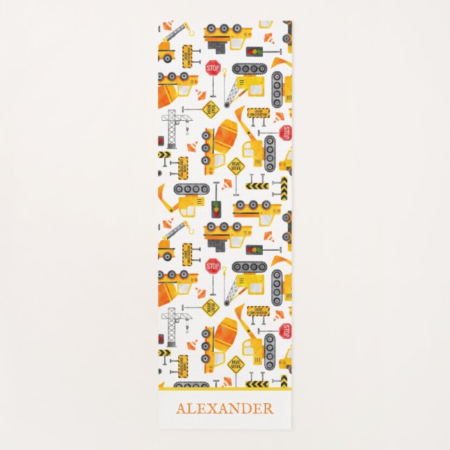 Kids Watercolor Construction Vehicles Personalized Yoga Mat (Front)