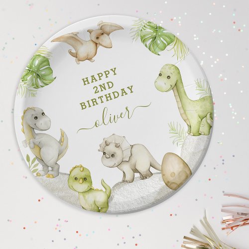 Kids Watercolor Dinosaur Birthday Party Paper Plates
