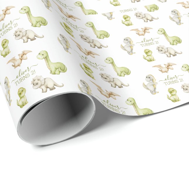 Kids Watercolor Dinosaur Birthday Party Wrapping Paper (Roll Corner)