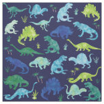 Kids Watercolor Dinosaur Silhouette Pattern Blue Fabric