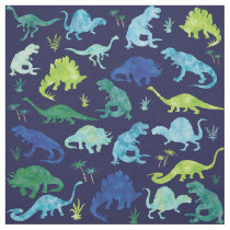 Kids Watercolor Dinosaur Silhouette Pattern Blue Fabric