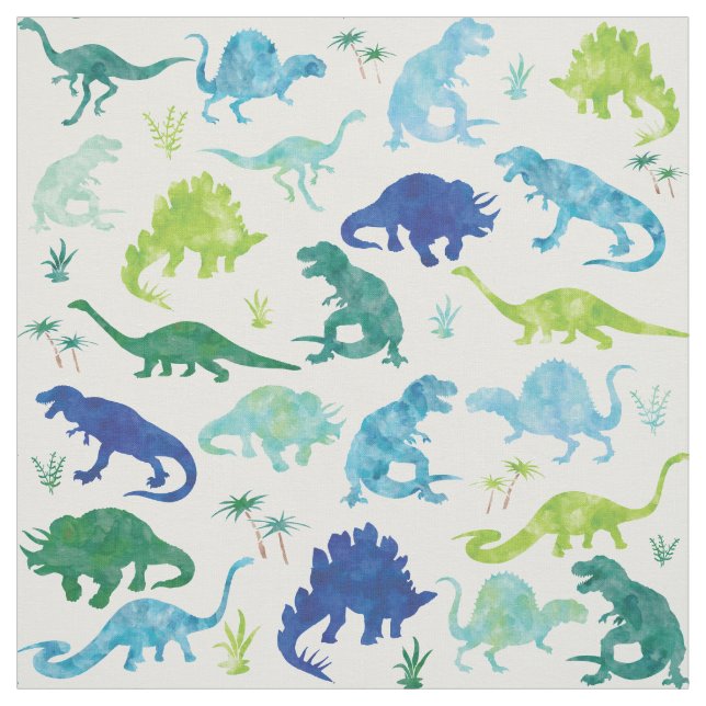 Kids Watercolor Dinosaur Silhouette Pattern Fabric (Swatch)