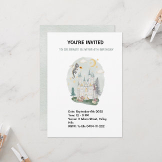 Kids watercolor Dragon castle birthday Invitation