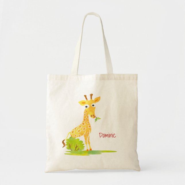 Kids Watercolor Giraffe Personalized Cute Animal Tote Bag (Front)