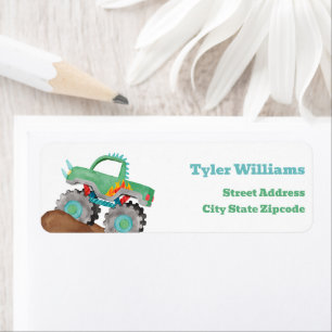 Kids Watercolor Green Monster Stunt Truck Label