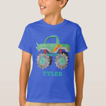 Kids Watercolor Green Monster Stunt Truck T-Shirt