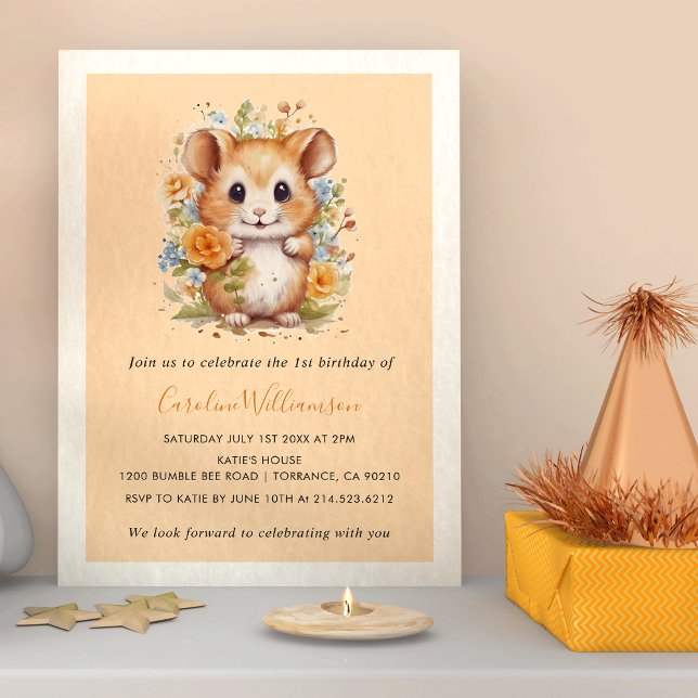 Kids  Watercolor Hamster Floral Birthday Party Invitation (Creator Uploaded)