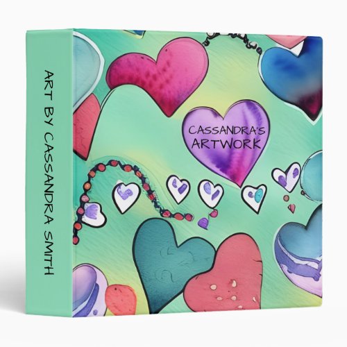 Kids Watercolor Hearts Nursery School Artwork 3 Ring Binder