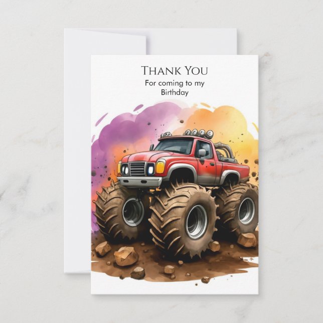 Kids' Watercolor Monster Truck Birthday Thank You Card (Front)