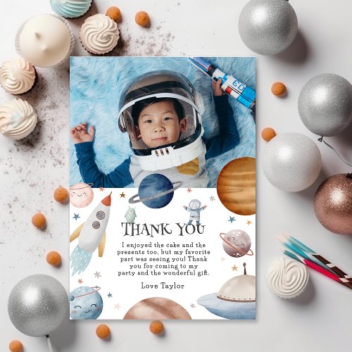 Kids Watercolor Outer Space Birthday Party Thank You Card