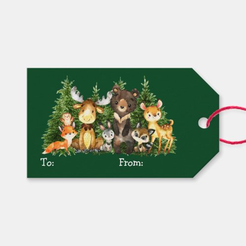 Kids Watercolor Woodland Animals Christmas Green Gift Tags