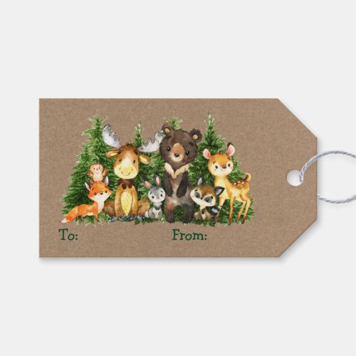 Kids Watercolor Woodland Animals Christmas Kraft Gift Tags