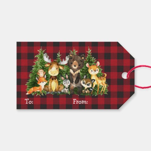 Kids Watercolor Woodland Animals Christmas Plaid Gift Tags