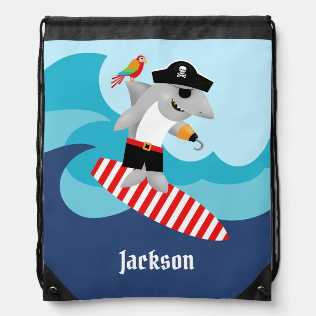 Kids Wave Riding Surfing Shark Pirate Parrot Drawstring Bag (Front)