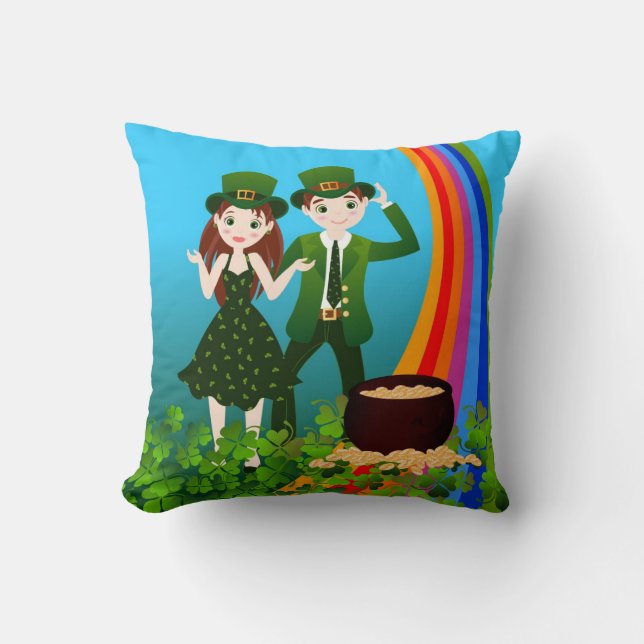 Kids wearing green St Patrick's Day outfits Throw Pillow (Front)