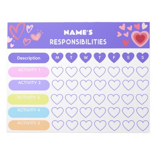 Kids Weekly ResponsIbility Chart  Hearts theme Notepad