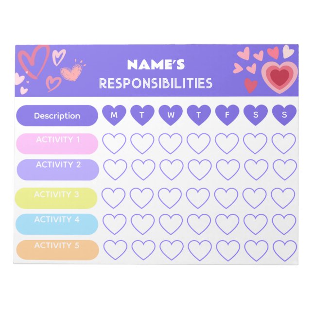 Kids Weekly ResponsIbility Chart  Hearts theme Notepad (Front)