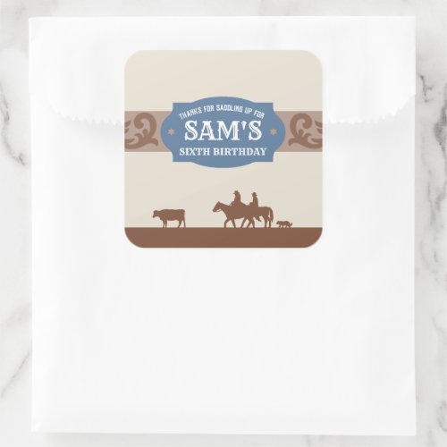 Kids Western Birthday Party BlueBrown Thank You  Square Sticker