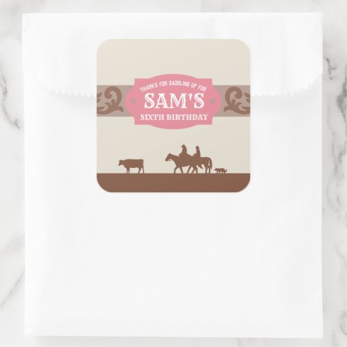 Kids Western Birthday Party PinkBrown Thank You  Square Sticker