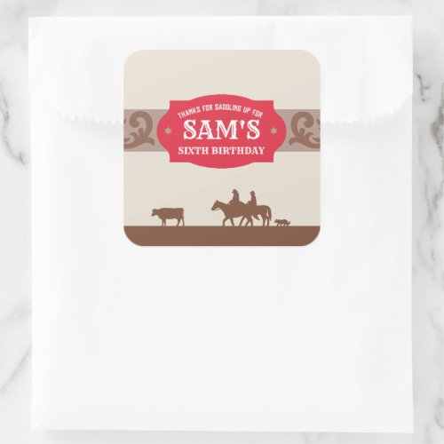Kids Western Birthday Party RedBrown Thank You  Square Sticker