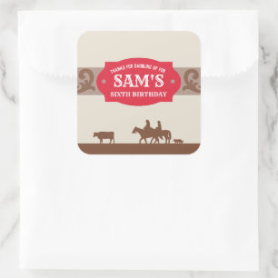 Kids Western Birthday Party Red/Brown Thank You Square Sticker