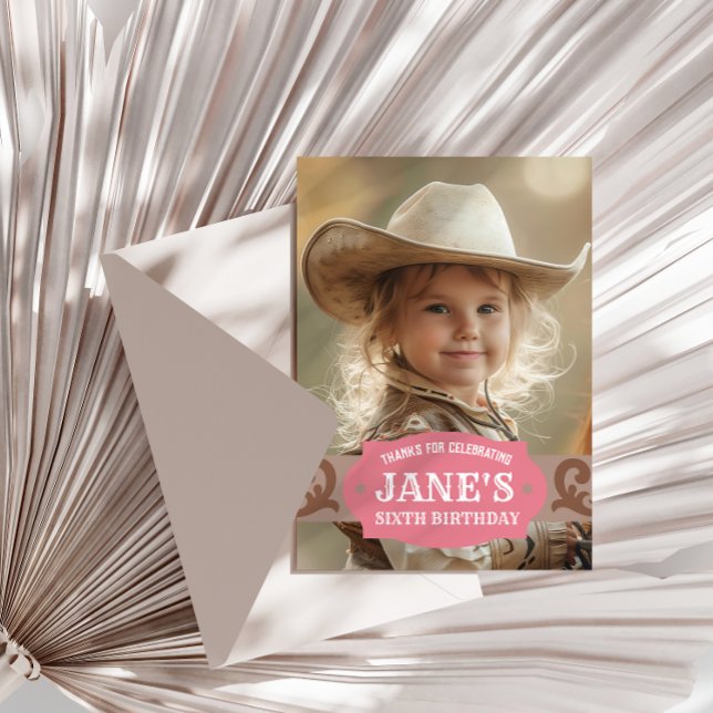 Kids Western Birthday Pink/Brown Photo Thank You Card (Creator Uploaded)