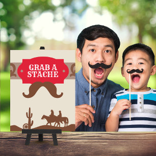 Kids Western Red "Grab a stache" Party Favor Sign
