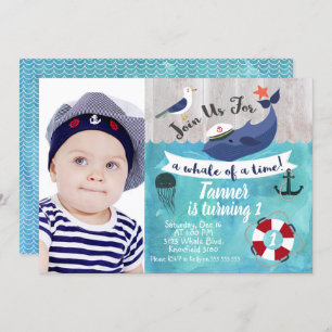 Kids Whale Photo Watercolor Birthday Invitation