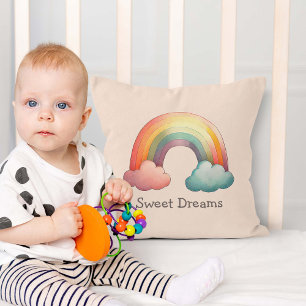Kids Whimsical Pastel Rainbow in Clouds Throw Pillow