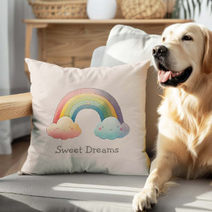 Kids Whimsical Pastel Rainbow in Clouds Throw Pillow