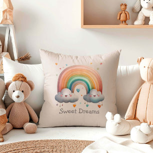 Kids Whimsical Pastel Rainbow in Clouds Throw Pillow