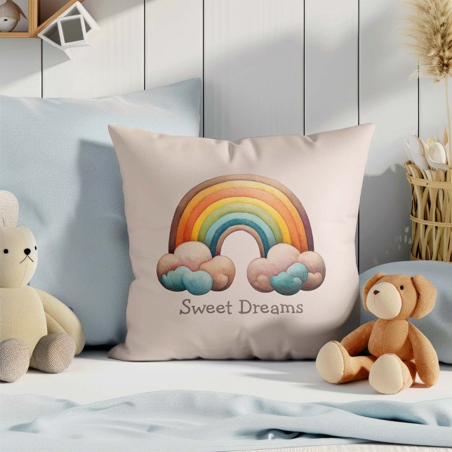 Kids Whimsical Pastel Rainbow in Clouds Throw Pillow (Creator Uploaded)
