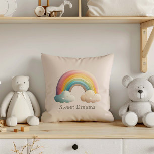 Kids Whimsical Pastel Rainbow in Clouds Throw Pillow