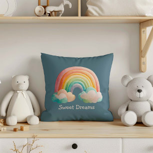 Kids Whimsical Pastel Rainbow in Clouds Throw Pillow