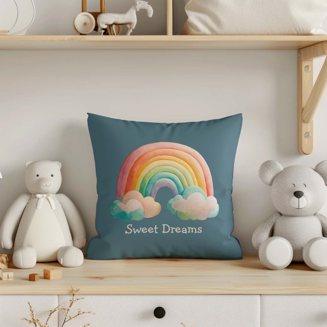 Kids Whimsical Pastel Rainbow in Clouds Throw Pillow (Creator Uploaded)