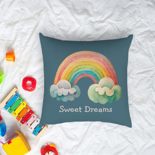 Kids Whimsical Pastel Rainbow in Clouds Throw Pillow