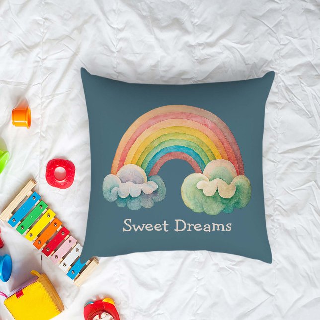Kids Whimsical Pastel Rainbow in Clouds Throw Pillow (Creator Uploaded)