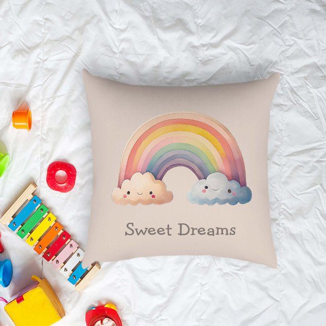 Kids Whimsical Pastel Rainbow in Clouds Throw Pillow (Creator Uploaded)