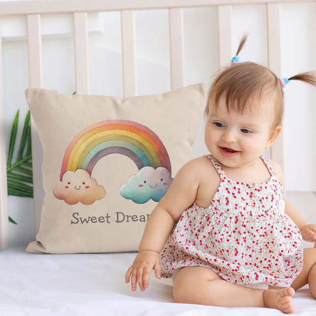 Kids Whimsical Pastel Rainbow in Clouds Throw Pillow (Creator Uploaded)