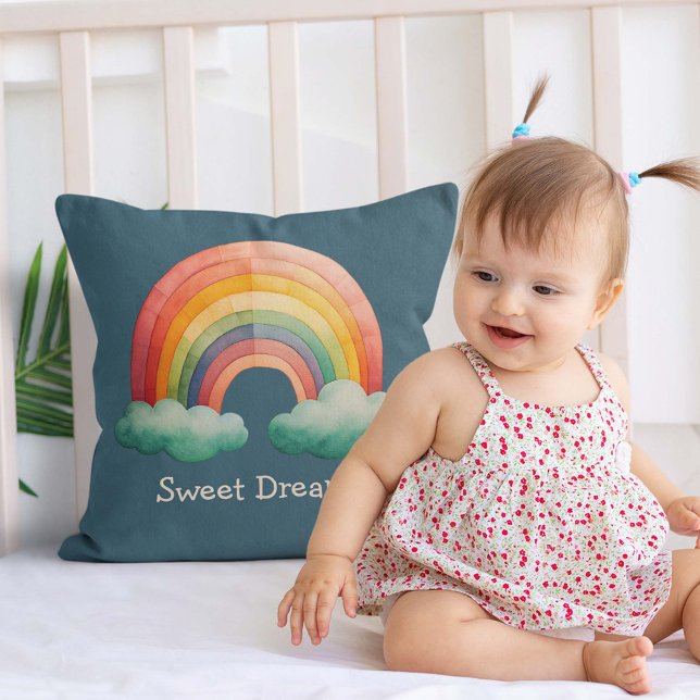 Kids Whimsical Pastel Rainbow in Clouds Throw Pillow (Creator Uploaded)
