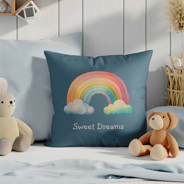 Kids Whimsical Pastel Rainbow in Clouds Throw Pillow (Creator Uploaded)